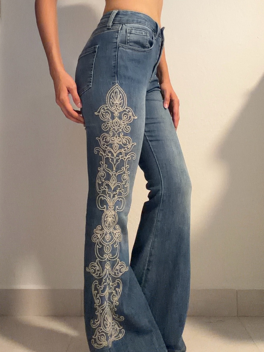 Forever 21 Blue Flare Jeans with Cream Embroidery